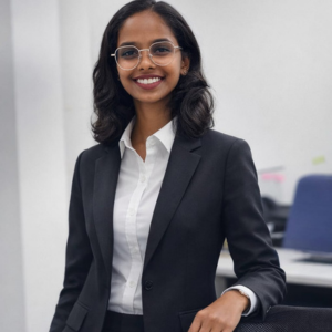 About HR Executive at Veltra Professional smiling in professional business attire in a modern office environment.